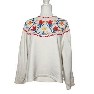 Zara Embroidered Floral Top Sweater Long Sleeve Sz Large White Boho Cottagecore